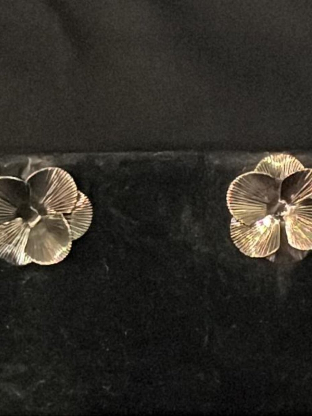 Striated Silver Tone Petal Flower Earrings
